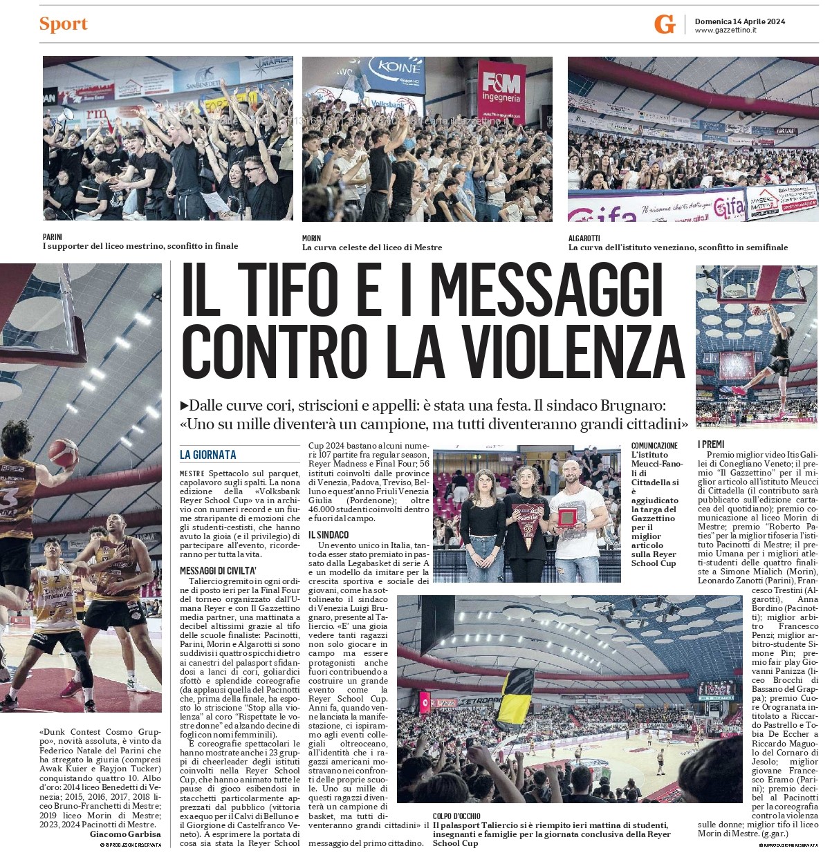 Il tifo e i messaggi contro la violenza - Il Gazzettino di Venezia - Reyer  School Cup